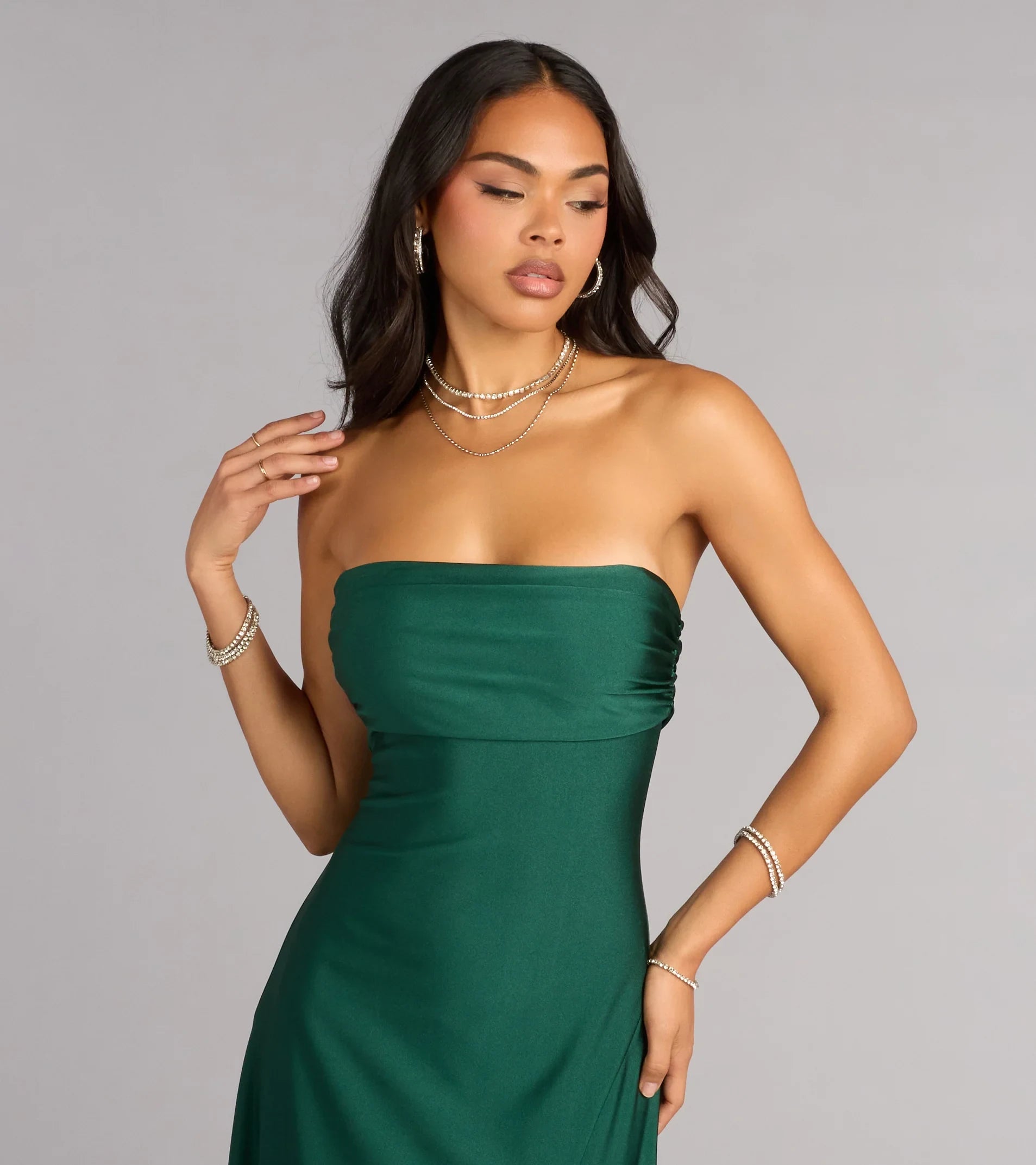 Elegant A-Line Strapless Ruched Slit Hunter Green Floor-Length Prom Dress Gown