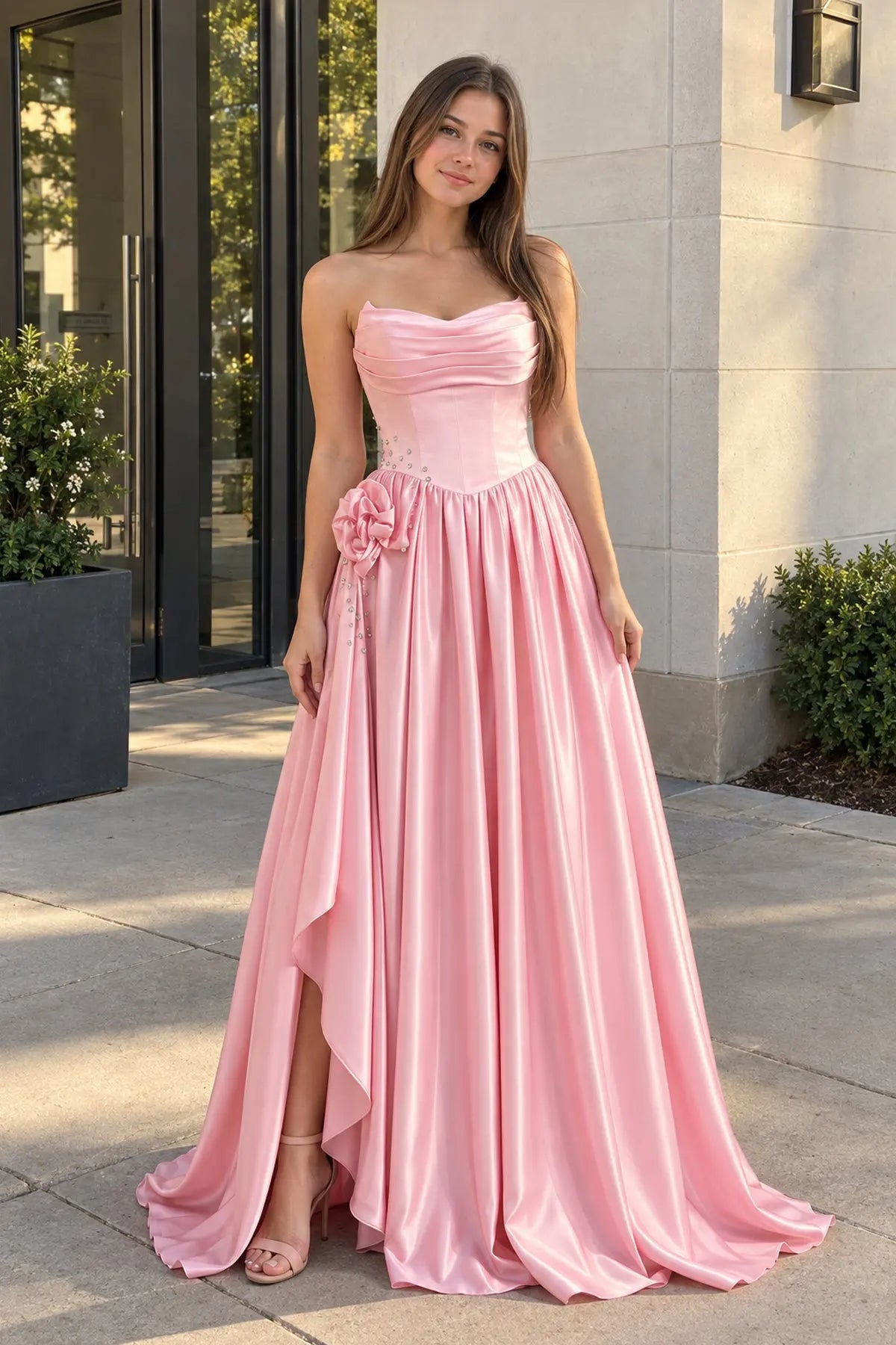 Elegant A-Line Strapless Ruched Slit Pink Floor-Length Prom Dresses Women Gown