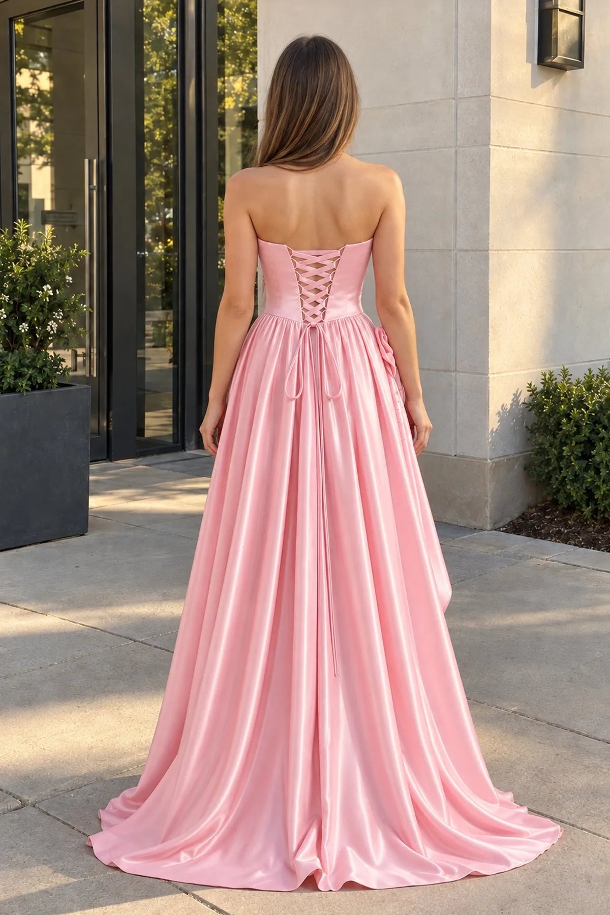 Elegant A-Line Strapless Ruched Slit Pink Floor-Length Prom Dresses Women Gown