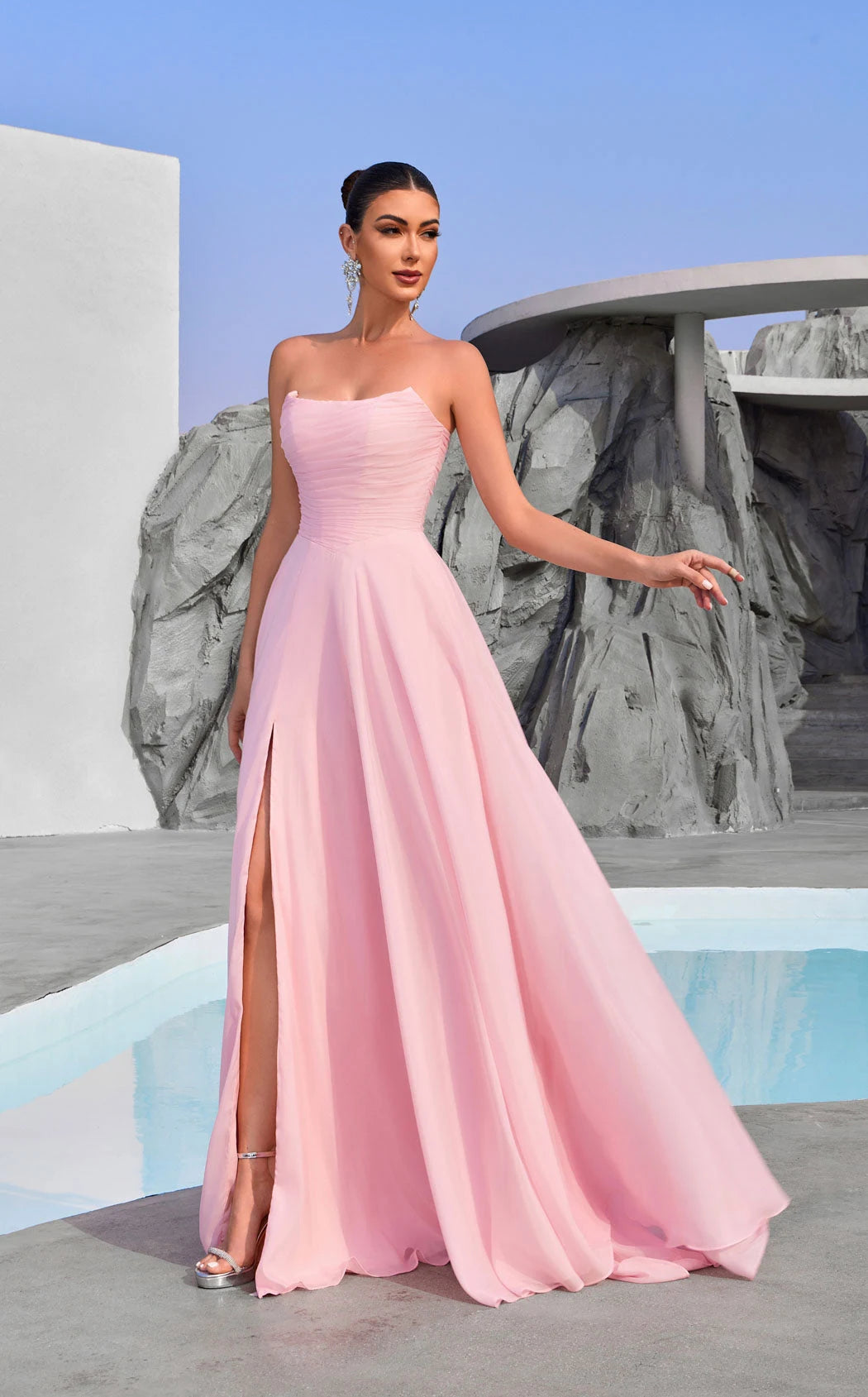 Elegant A-Line Strapless Ruched Slit Pink Floor-Length Prom Gown