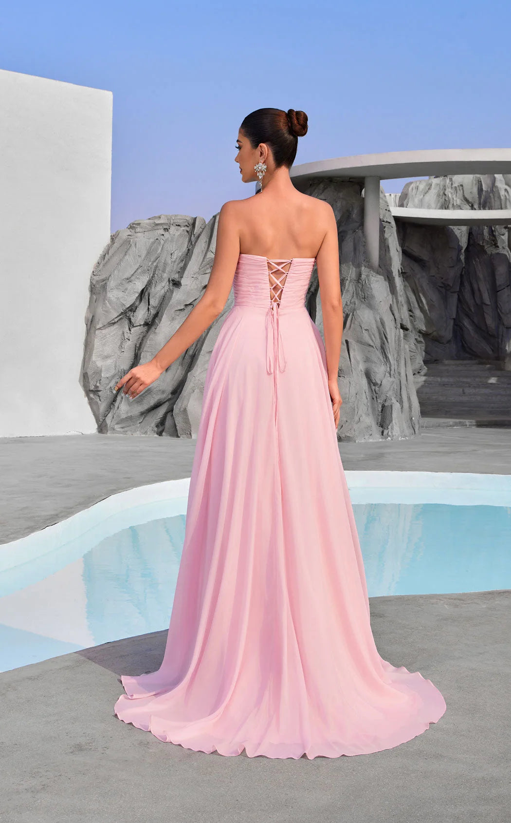 Elegant A-Line Strapless Ruched Slit Pink Floor-Length Prom Gown
