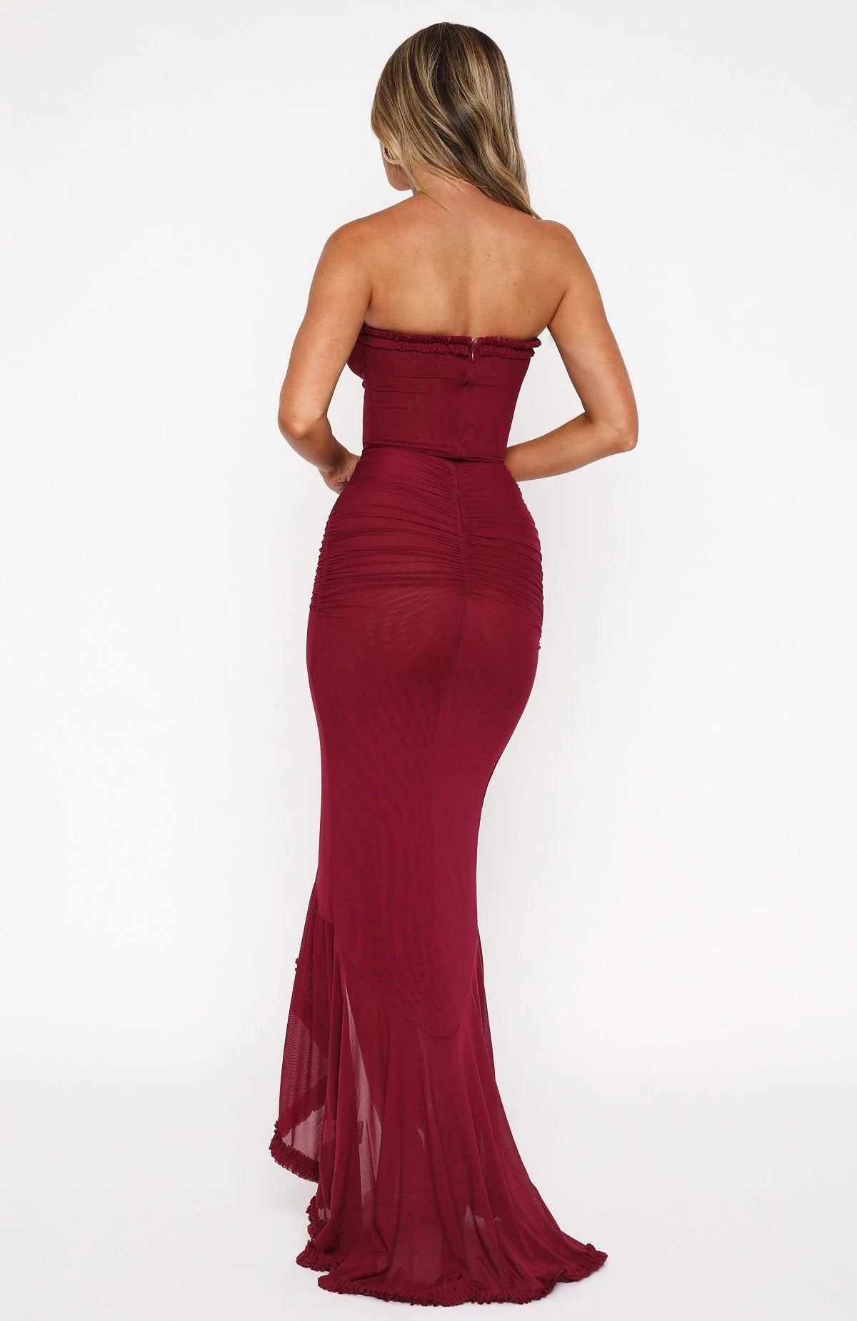 Elegant A-Line Strapless Ruffled Burgundy High-Low Prom Dress Women's Gown