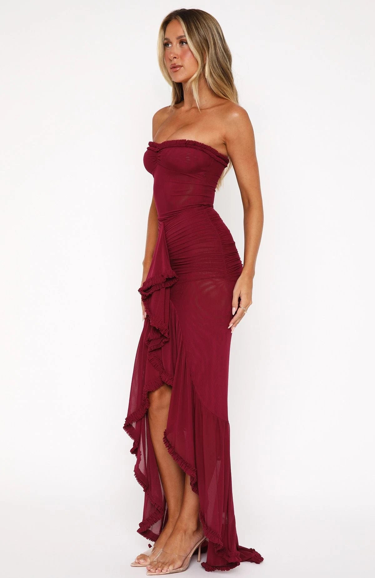 Elegant A-Line Strapless Ruffled Burgundy High-Low Prom Dress Women's Gown
