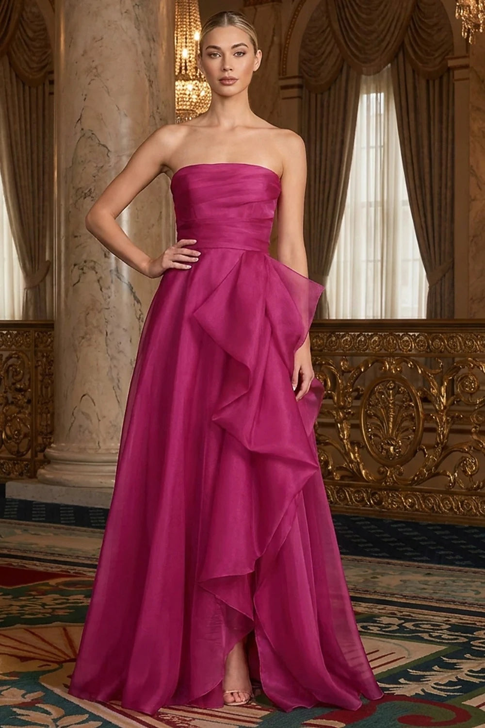 Elegant A-Line Strapless Ruffled Fuchsia Floor-Length Prom Dress Women's Gown
