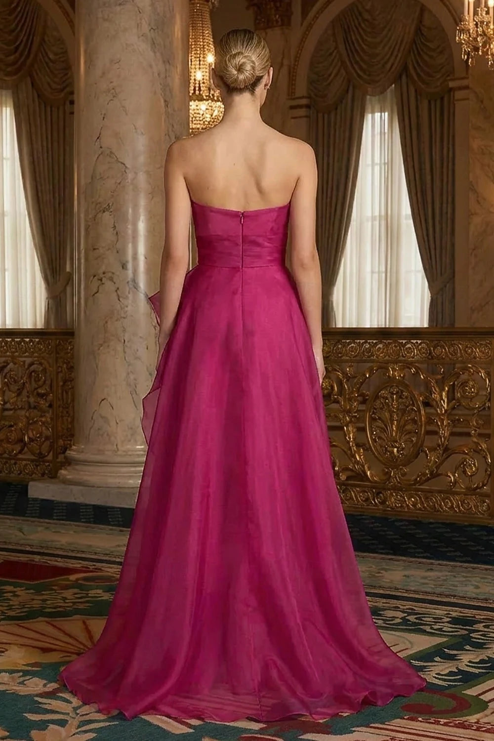 Elegant A-Line Strapless Ruffled Fuchsia Floor-Length Prom Dress Women's Gown