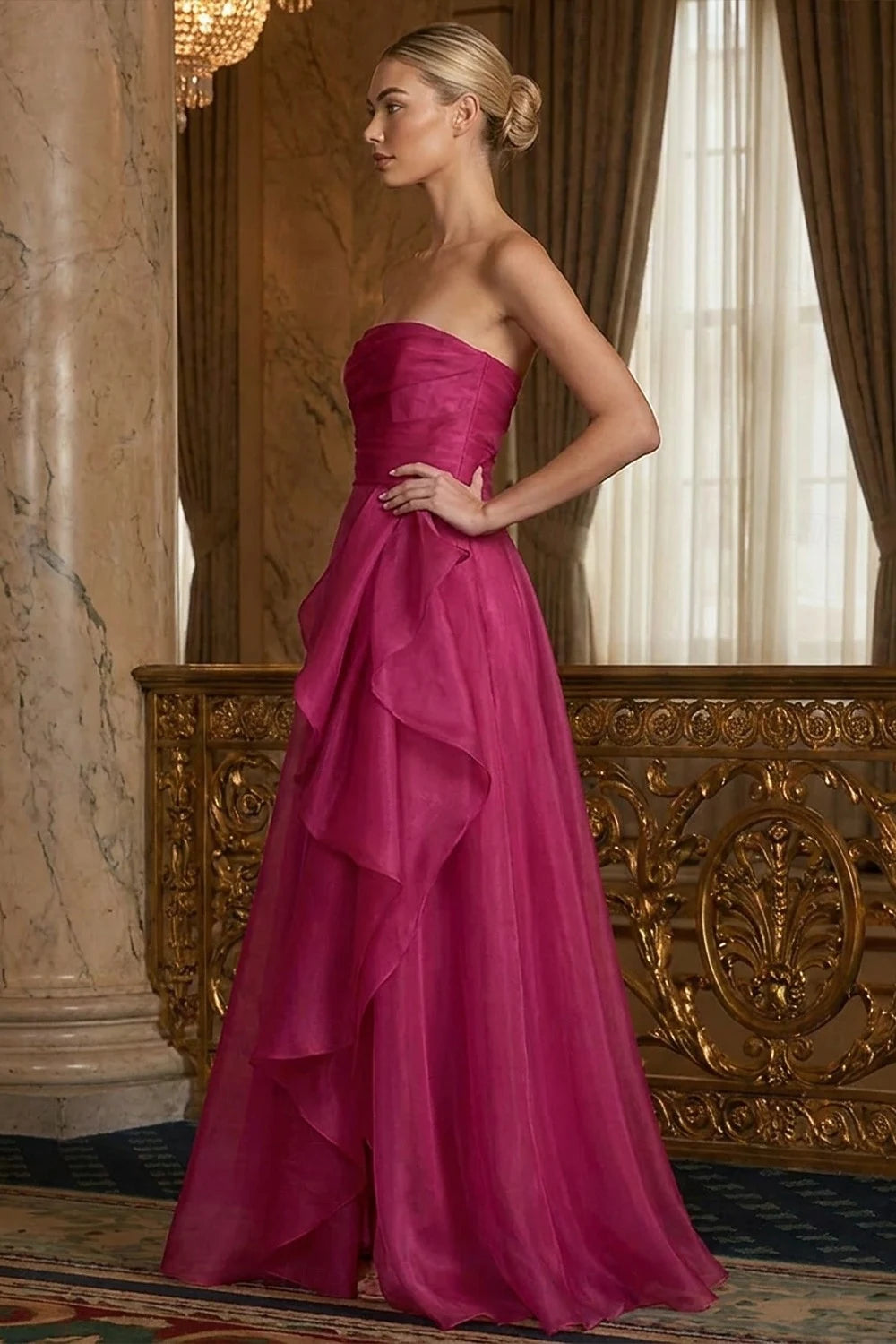 Elegant A-Line Strapless Ruffled Fuchsia Floor-Length Prom Dress Women's Gown