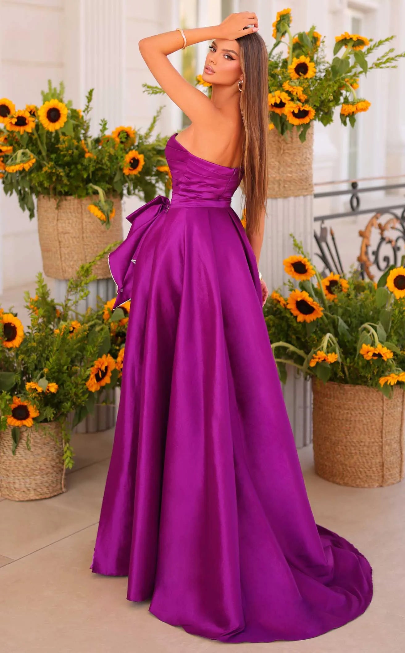 Elegant A-Line Strapless Ruffled High-Slit Purple Floor-Length Prom Dress