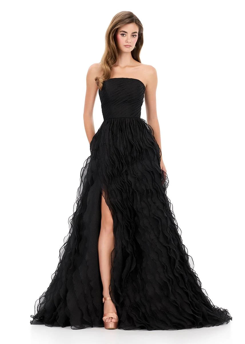Elegant A-Line Strapless Ruffled Slit Black Floor-Length Prom Dress Gown