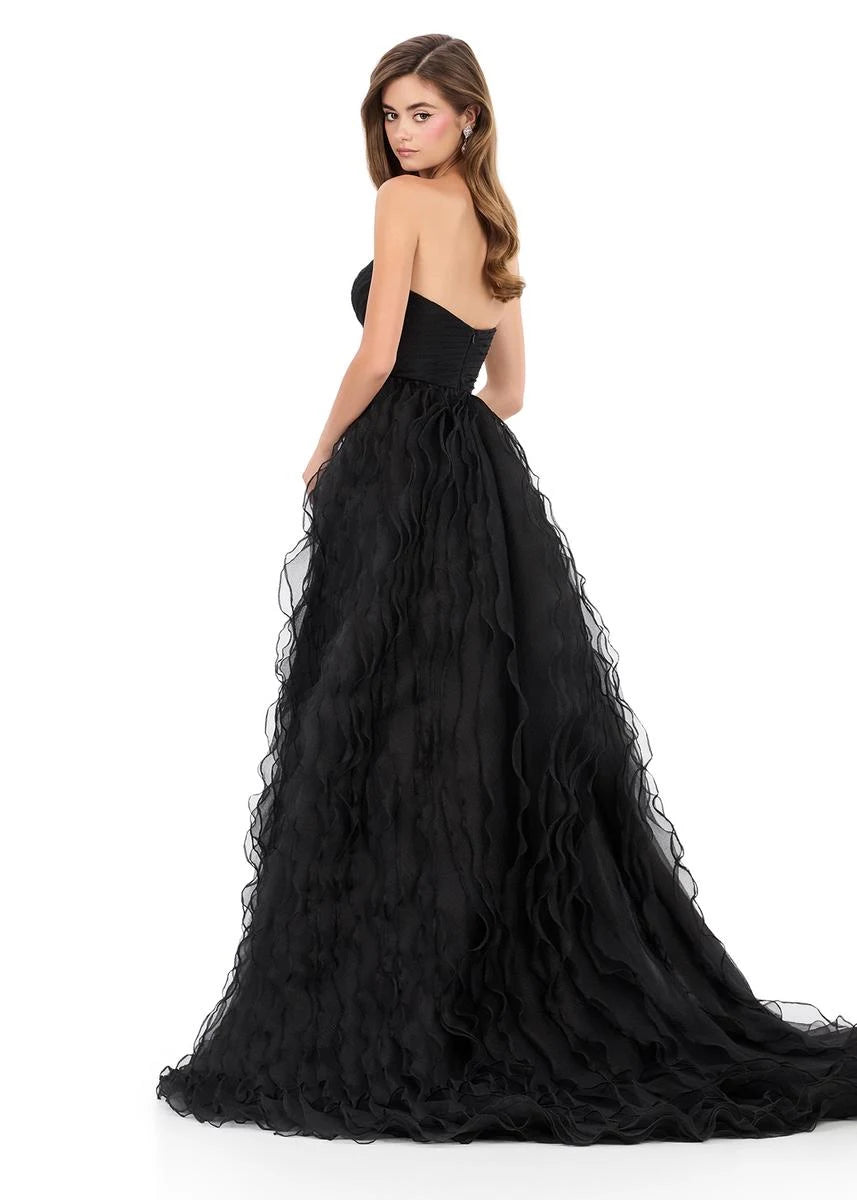 Elegant A-Line Strapless Ruffled Slit Black Floor-Length Prom Dress Gown