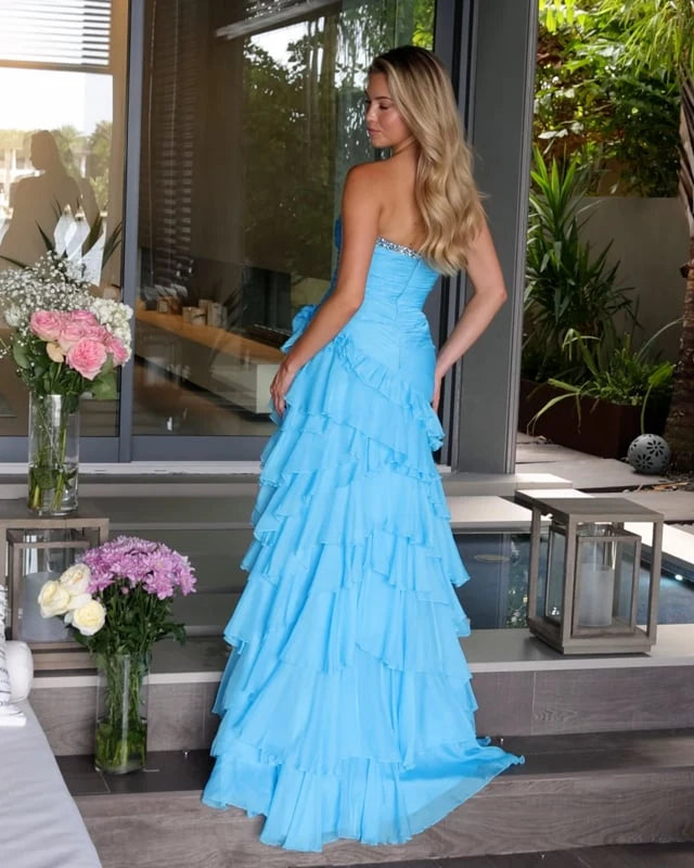 Elegant A-Line Strapless Ruffled Tiered Aqua Blue Floor-Length Prom Gown