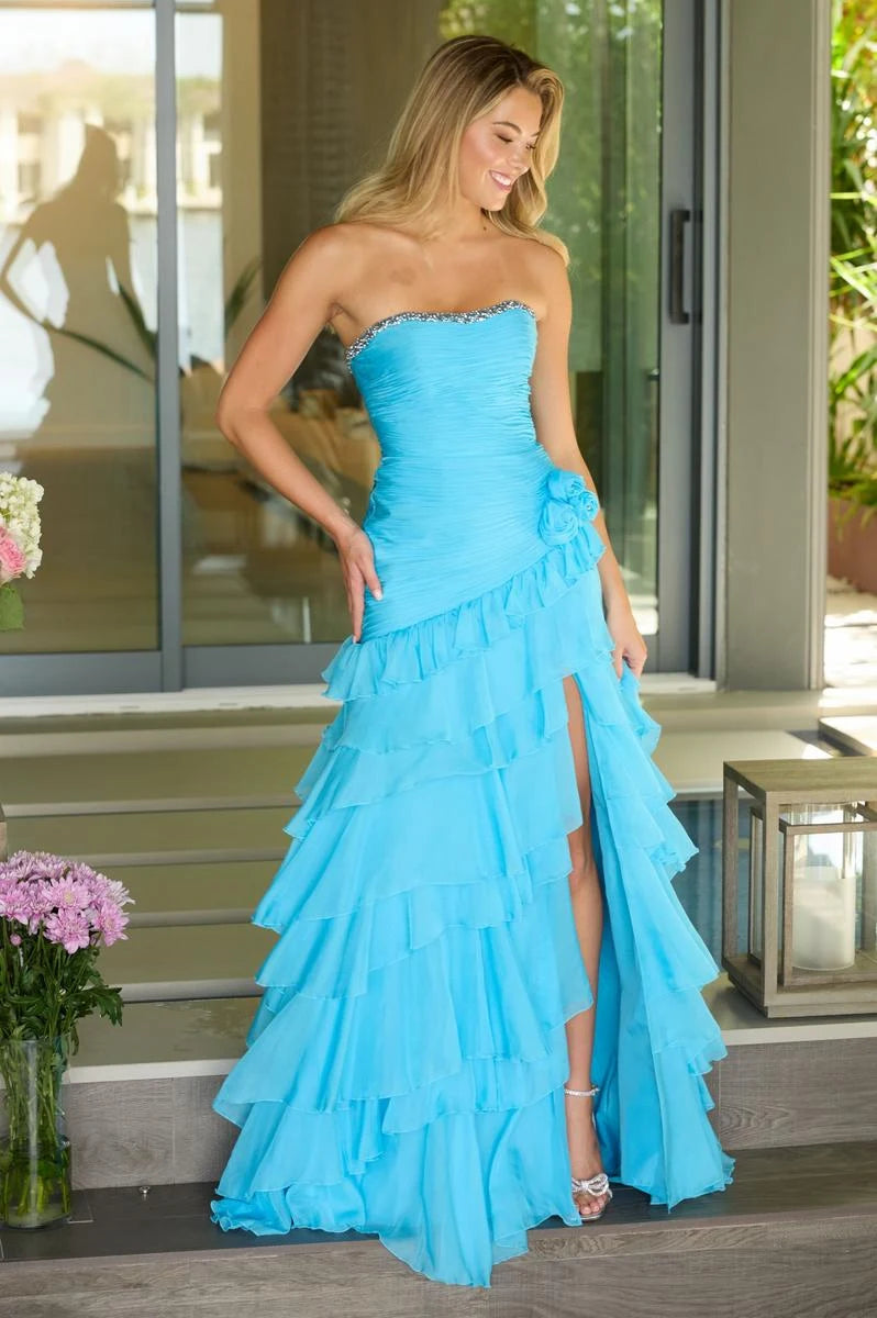 Elegant A-Line Strapless Ruffled Tiered Aqua Blue Floor-Length Prom Gown