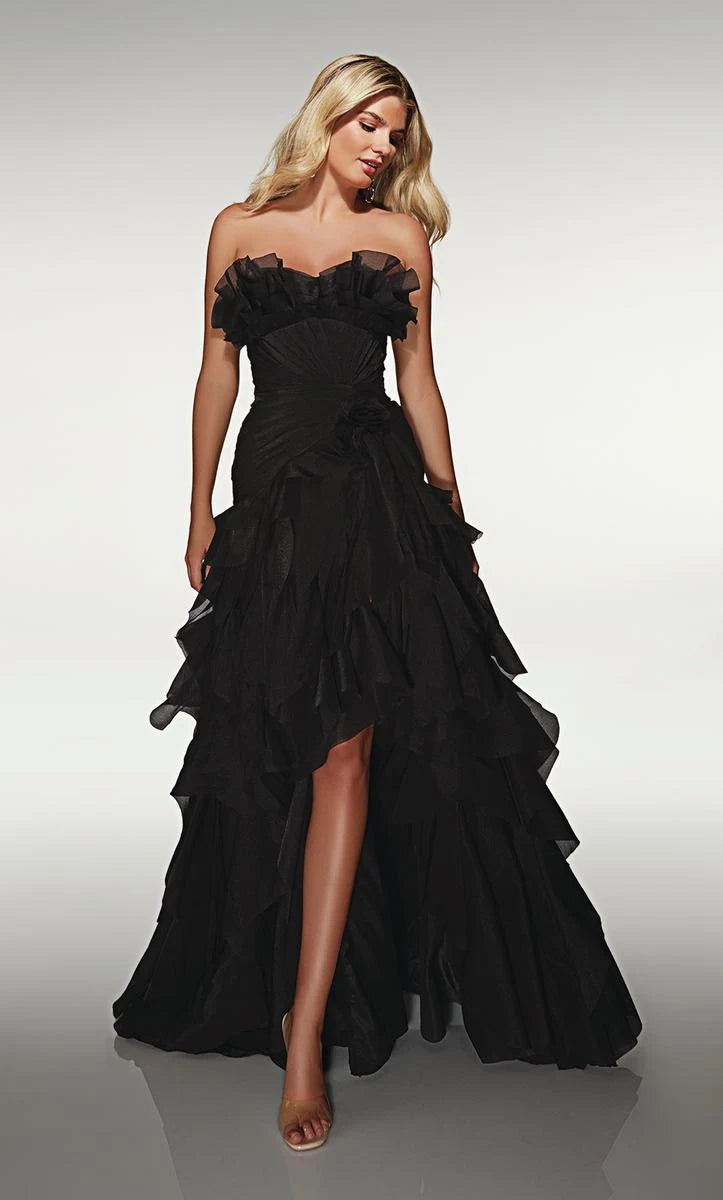 Elegant A-Line Strapless Ruffled Tiered Black High-Low Prom Dress for Women