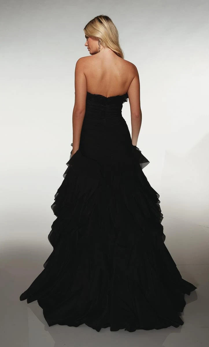 Elegant A-Line Strapless Ruffled Tiered Black High-Low Prom Dress for Women