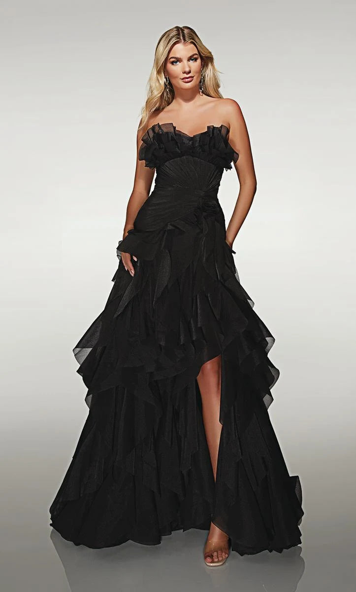 Elegant A-Line Strapless Ruffled Tiered Black High-Low Prom Dress for Women