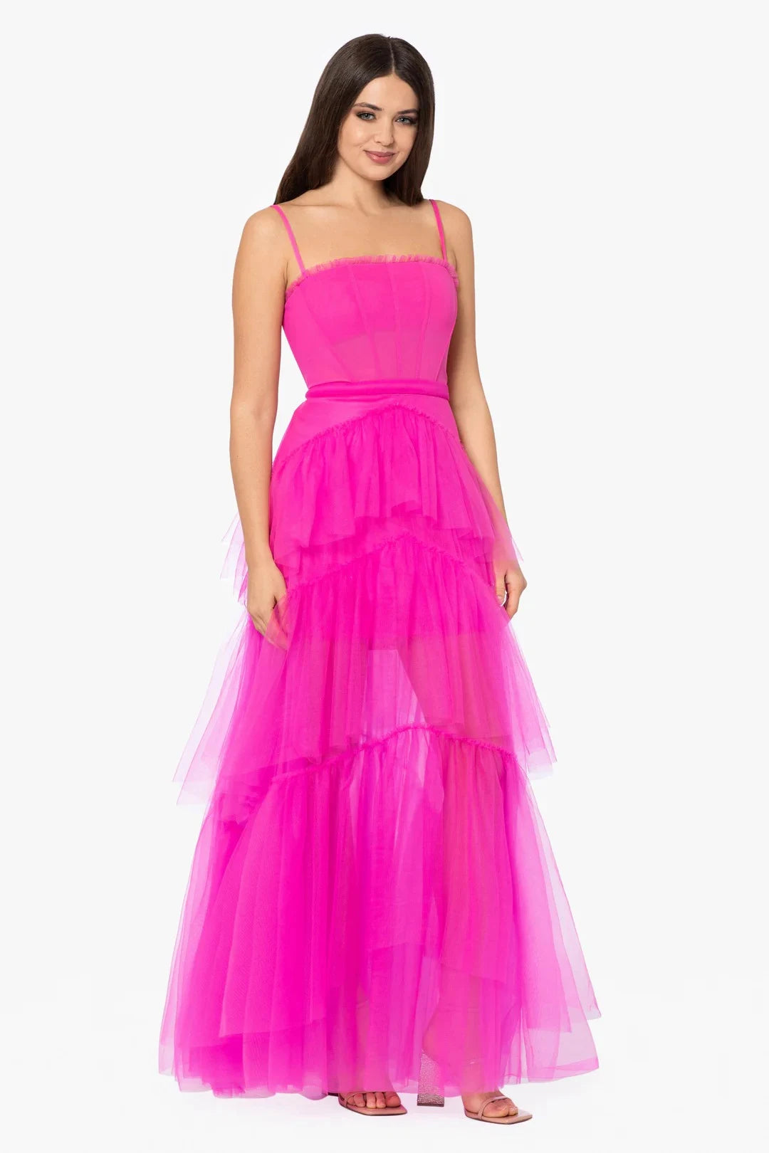 Elegant A-Line Strapless Ruffled Tiered Fuchsia Floor-Length Prom Dresses Women's Gown