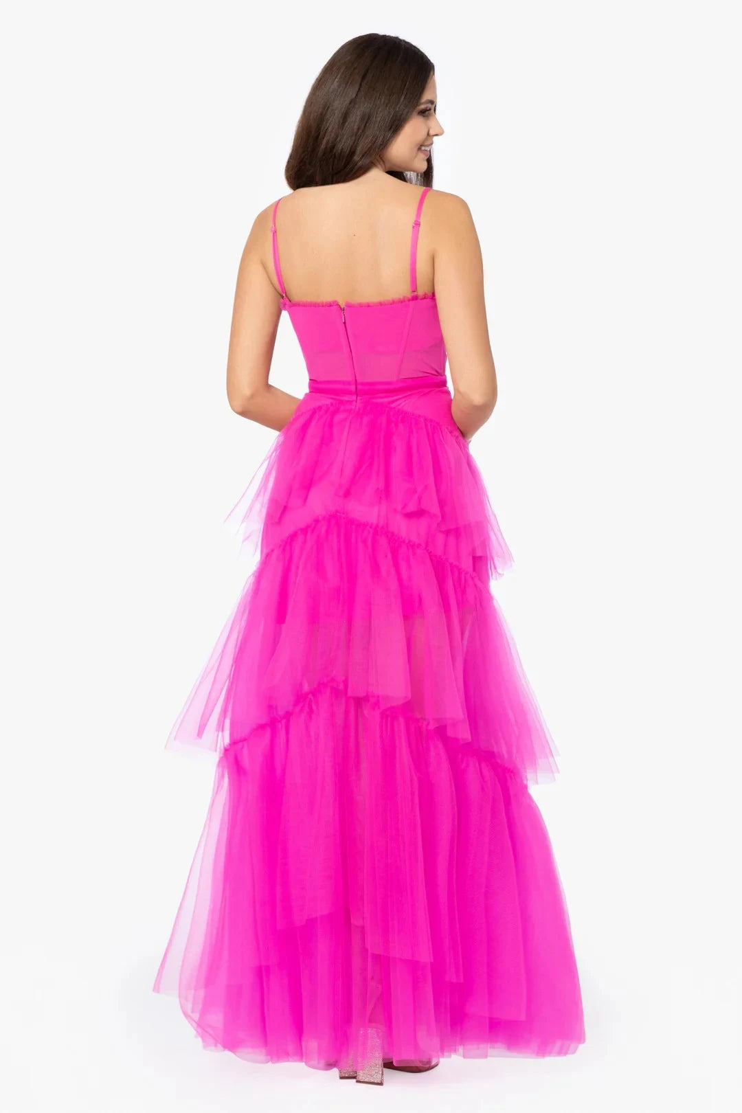 Elegant A-Line Strapless Ruffled Tiered Fuchsia Floor-Length Prom Dresses Women's Gown