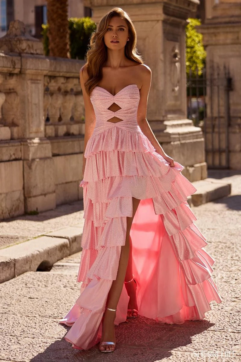 Elegant A-Line Strapless Ruffled Tiered Pink High-Low Prom Dresses Gown