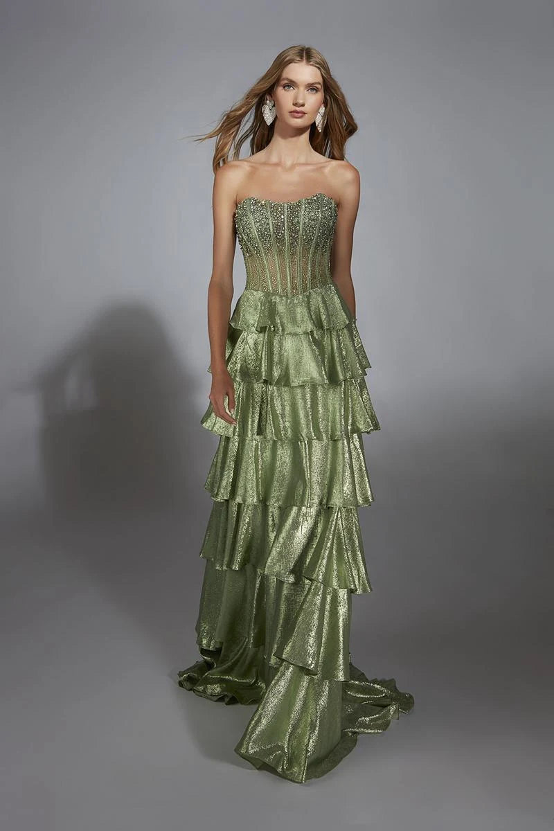 Elegant A-Line Strapless Sleeveless Beaded Tiered Sage Green Floor-Length Prom Dresses For Women