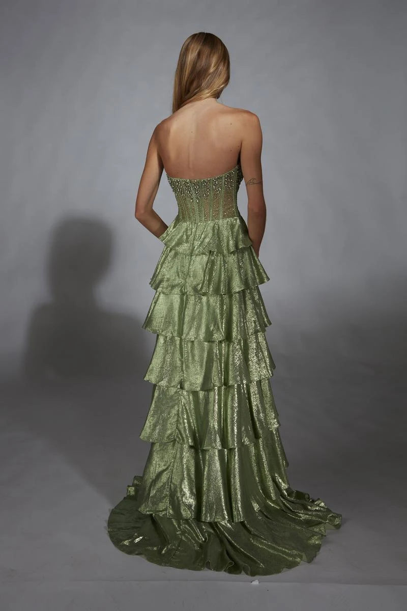 Elegant A-Line Strapless Sleeveless Beaded Tiered Sage Green Floor-Length Prom Dresses For Women