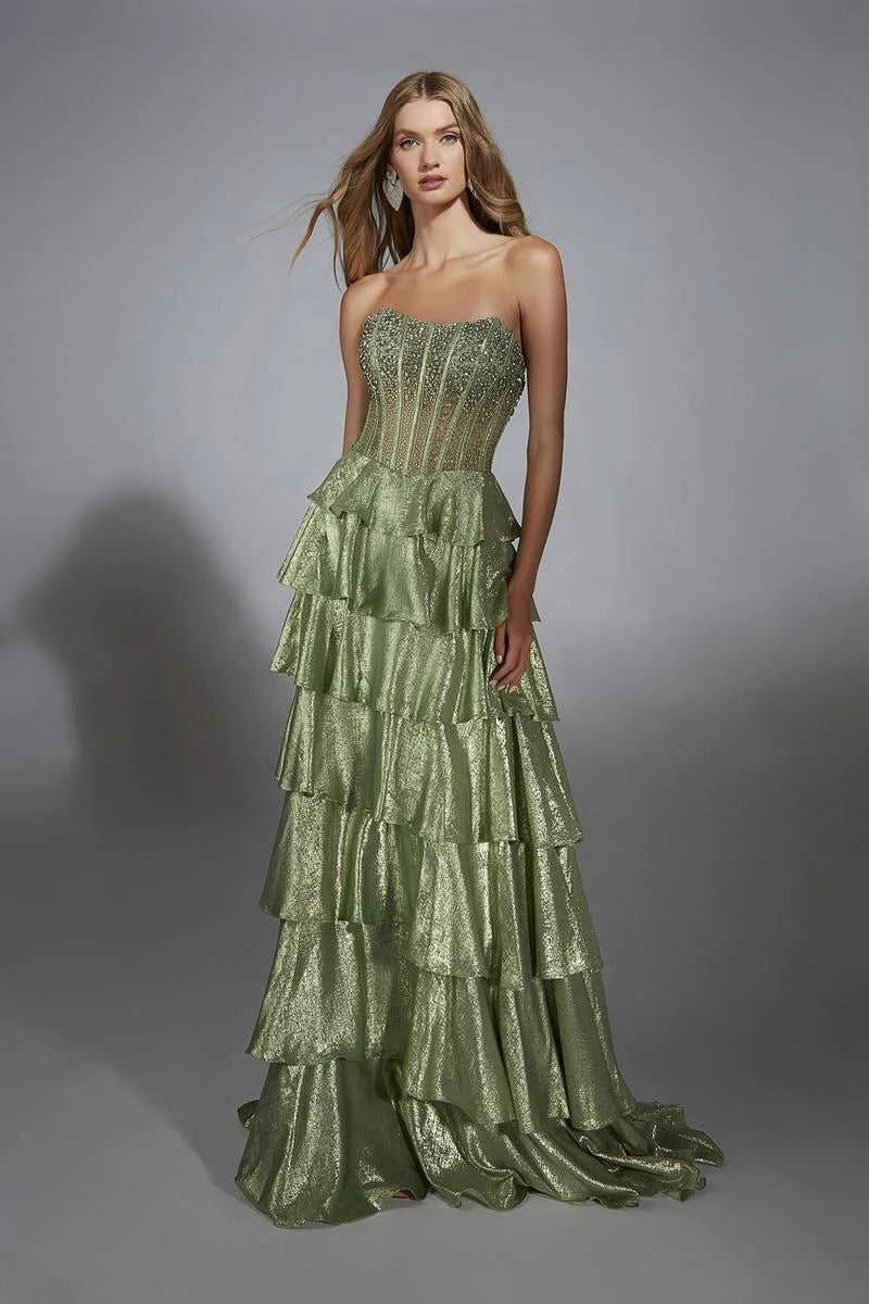 Elegant A-Line Strapless Sleeveless Beaded Tiered Sage Green Floor-Length Prom Dresses For Women