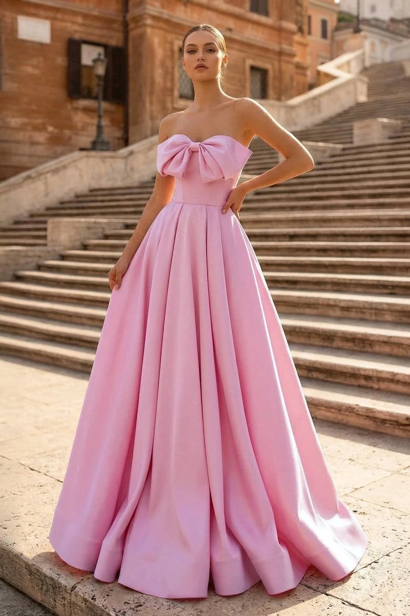 Elegant A-Line Strapless Sleeveless Bow Corset Pink Long Prom Dresses Women