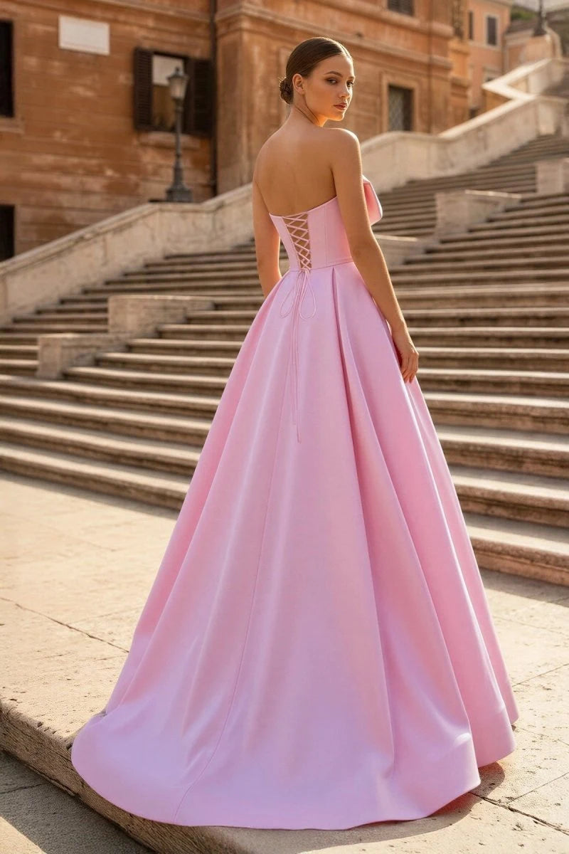 Elegant A-Line Strapless Sleeveless Bow Corset Pink Long Prom Dresses Women