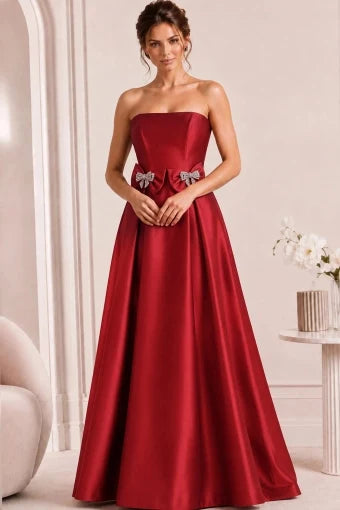 Elegant A-Line Strapless Sleeveless Bow Pleated Red Long Prom Dresses Women