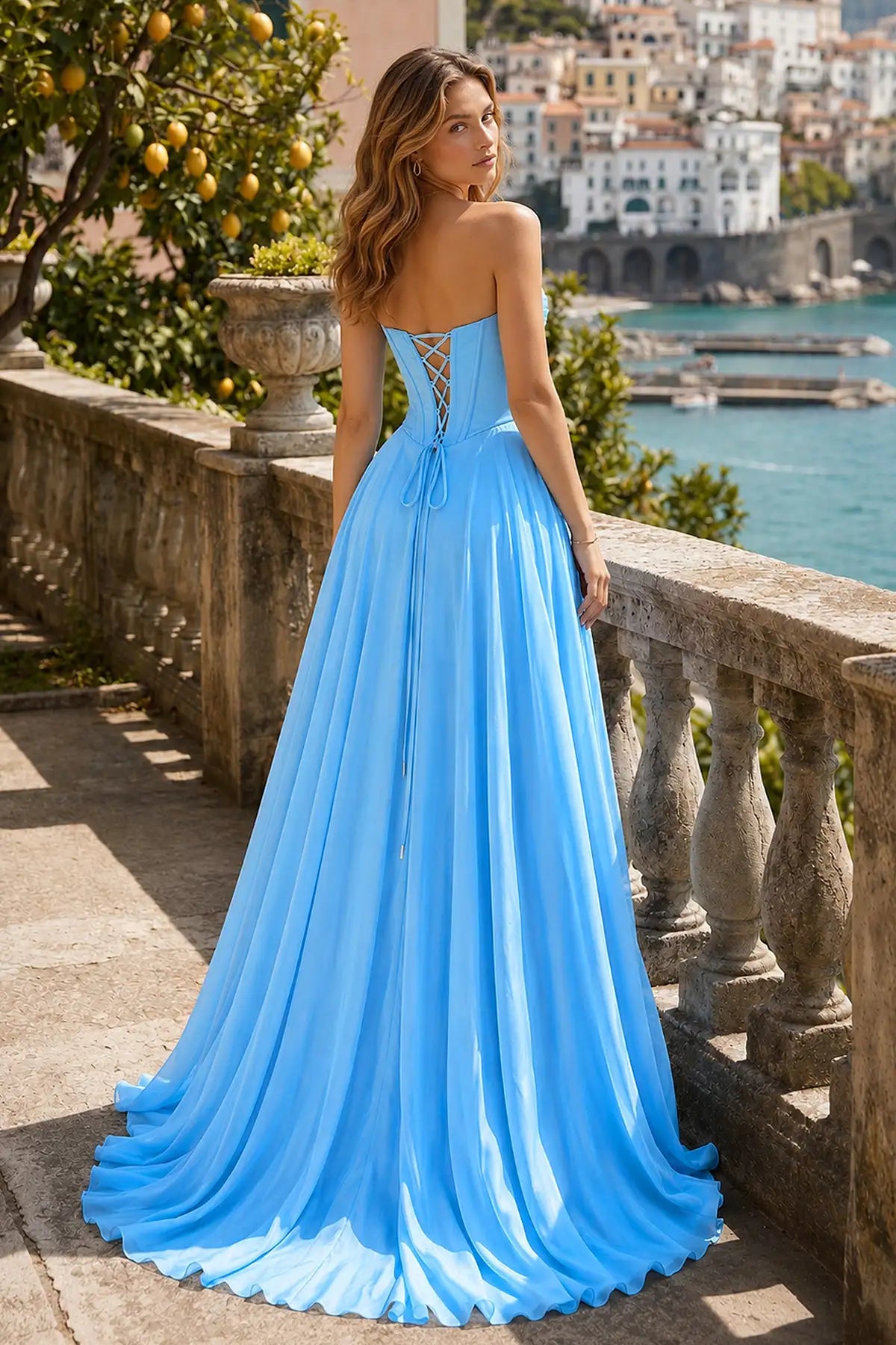 Elegant A-Line Strapless Sleeveless Corset Slit Blue Long Prom Dresses Women Gown
