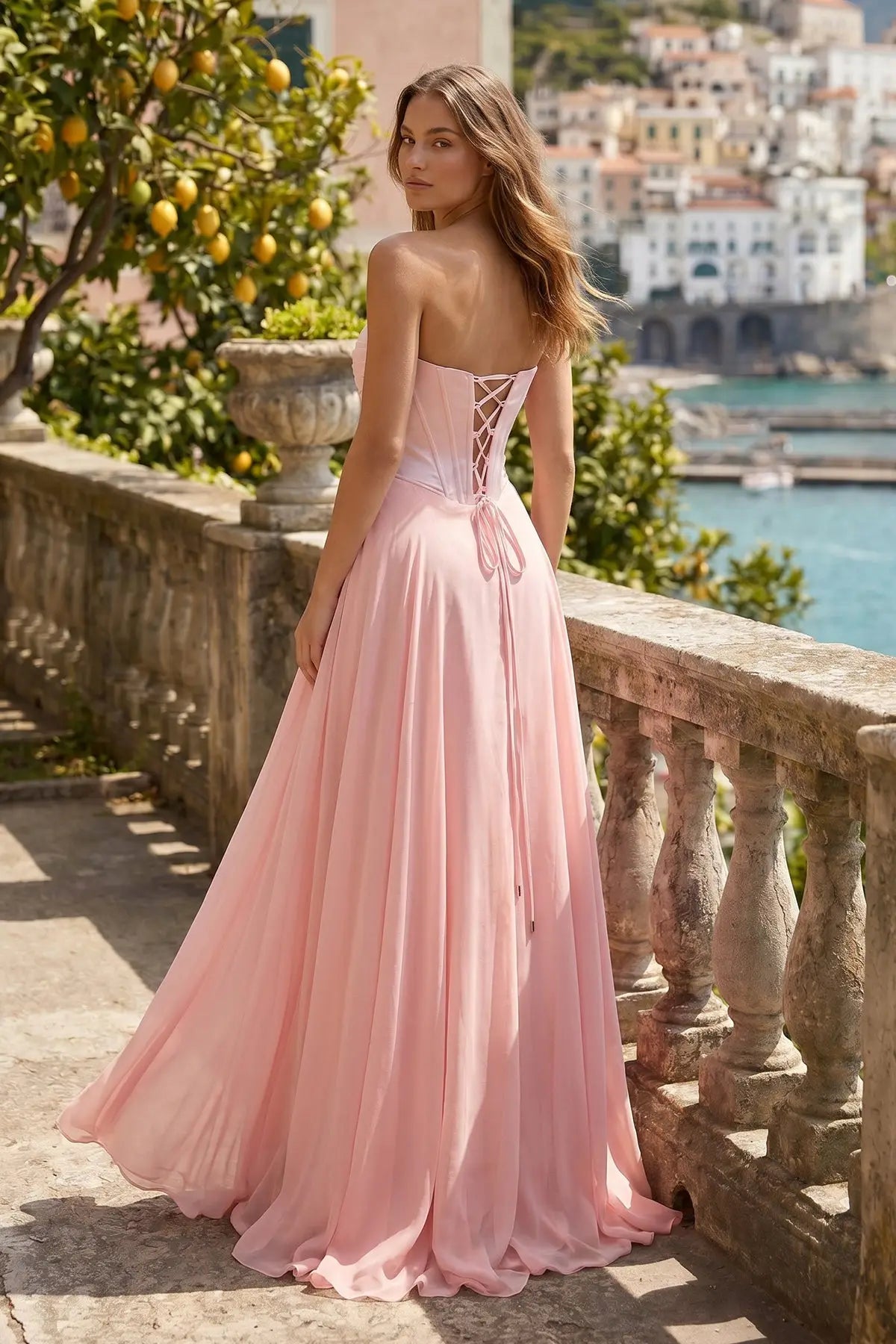 Elegant A-Line Strapless Sleeveless Corset Slit Pink Maxi Prom Dresses Women