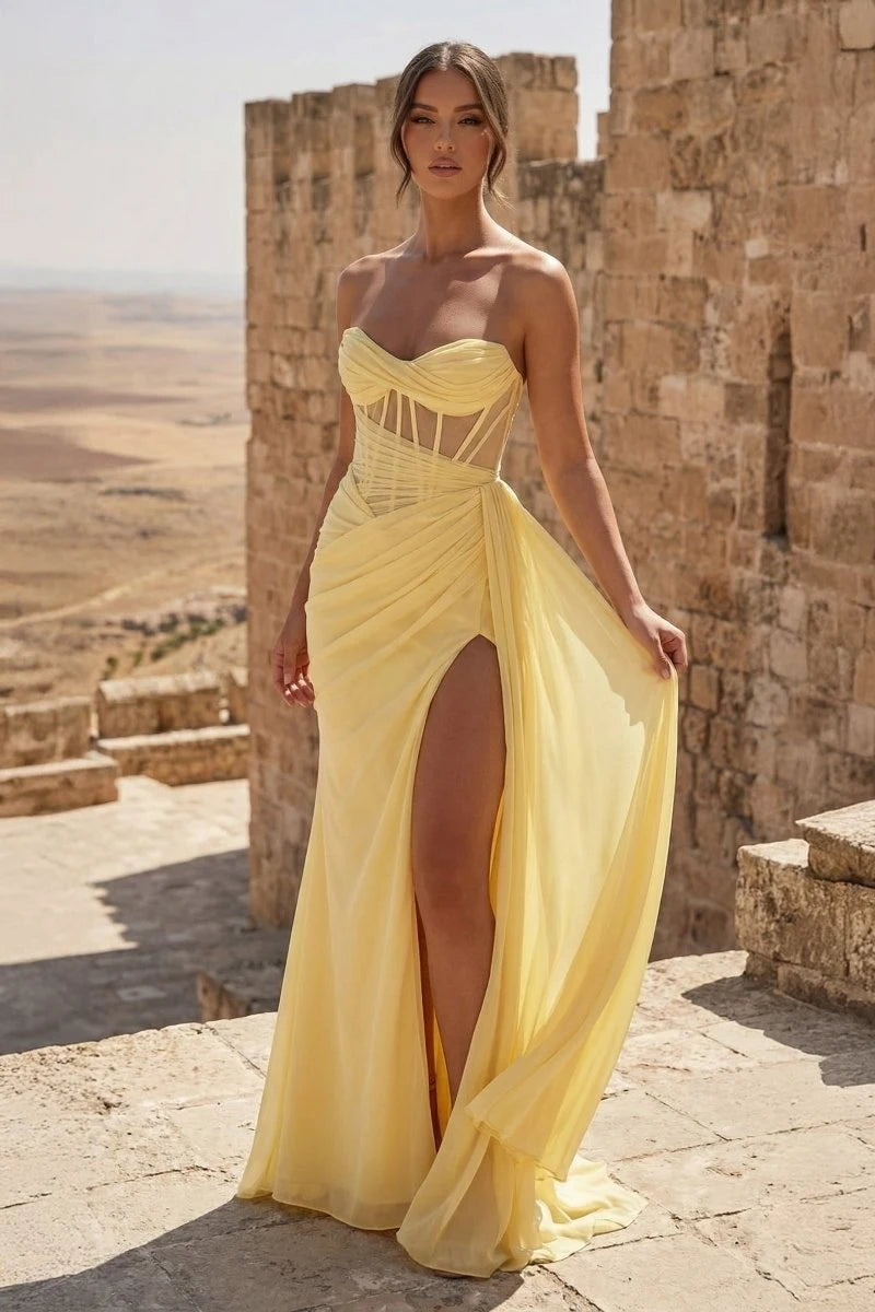 Elegant A-Line Strapless Sleeveless Corset Slit Yellow Long Prom Dresses Women