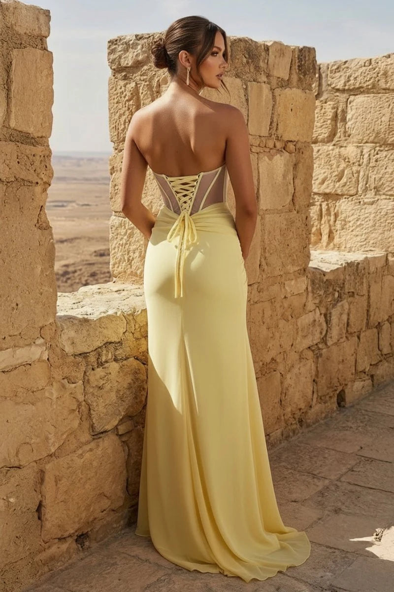 Elegant A-Line Strapless Sleeveless Corset Slit Yellow Long Prom Dresses Women