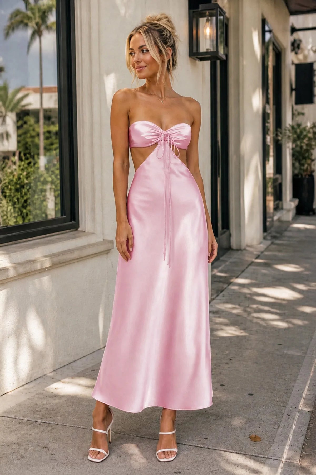 Elegant A-Line Strapless Sleeveless Cutout Bow Pink Maxi Prom Dresses Women Gown