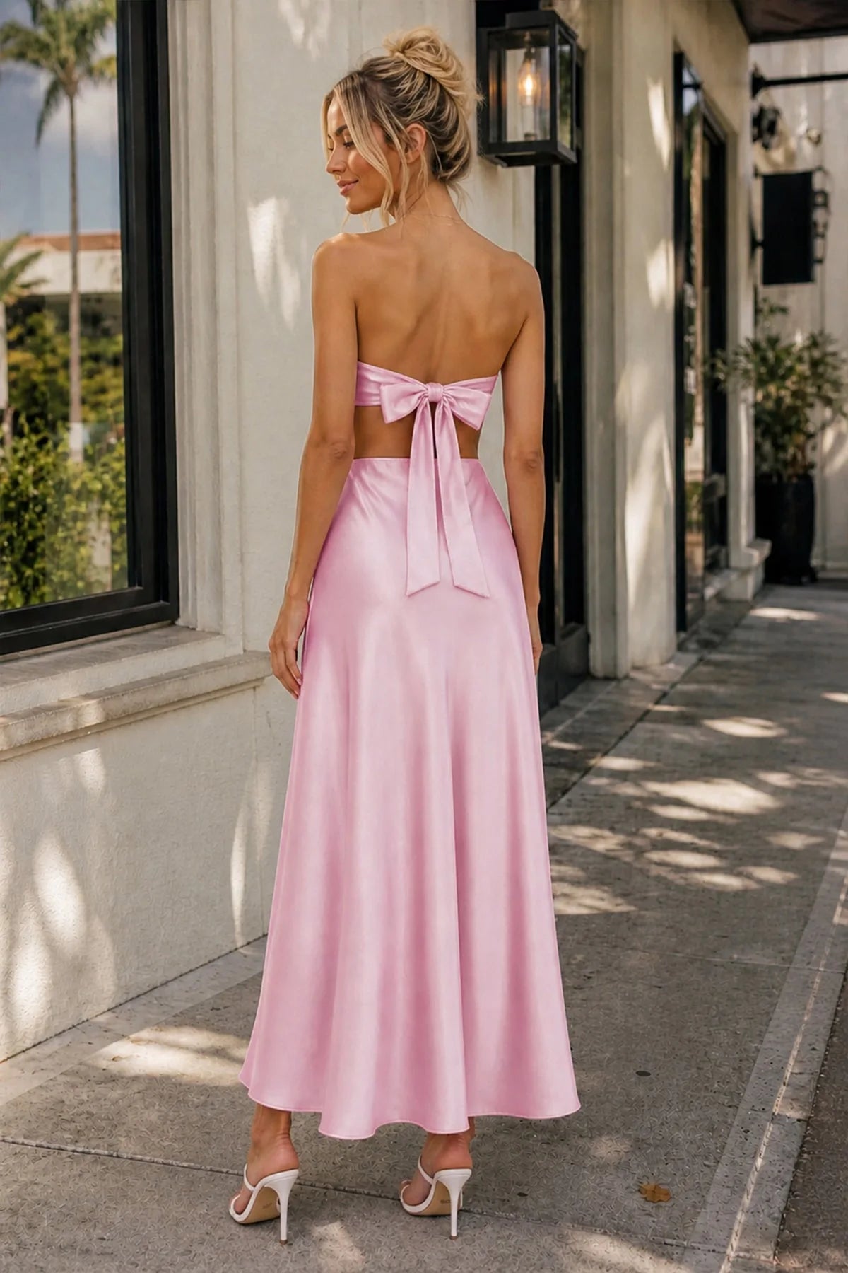 Elegant A-Line Strapless Sleeveless Cutout Bow Pink Maxi Prom Dresses Women Gown