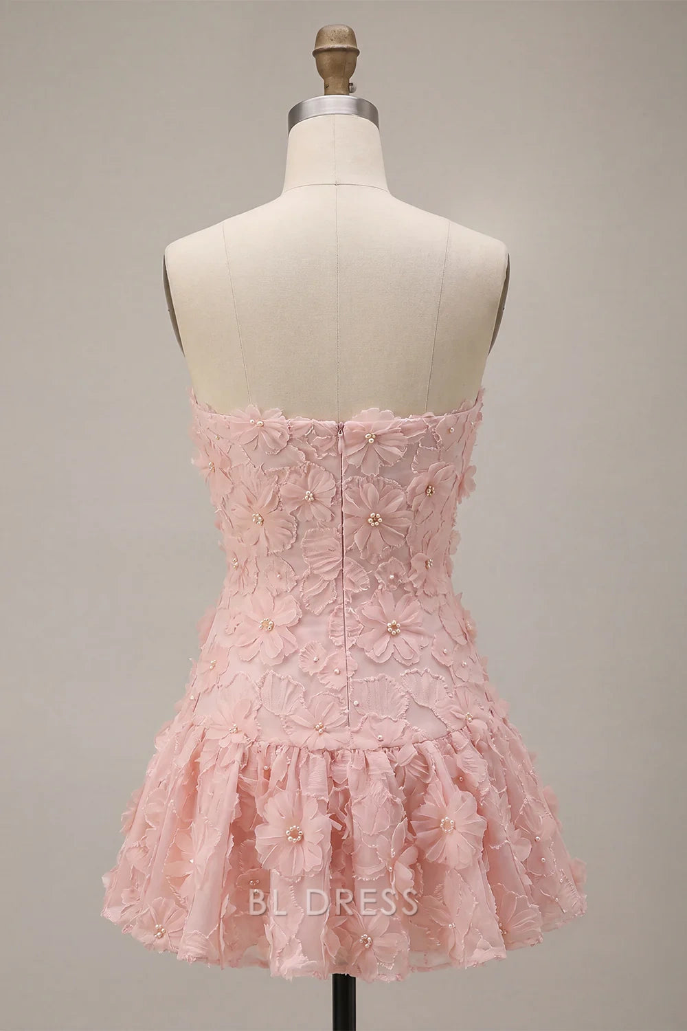 Elegant A-Line Strapless Sleeveless Floral Pink Mini Homecoming Dress Women Party