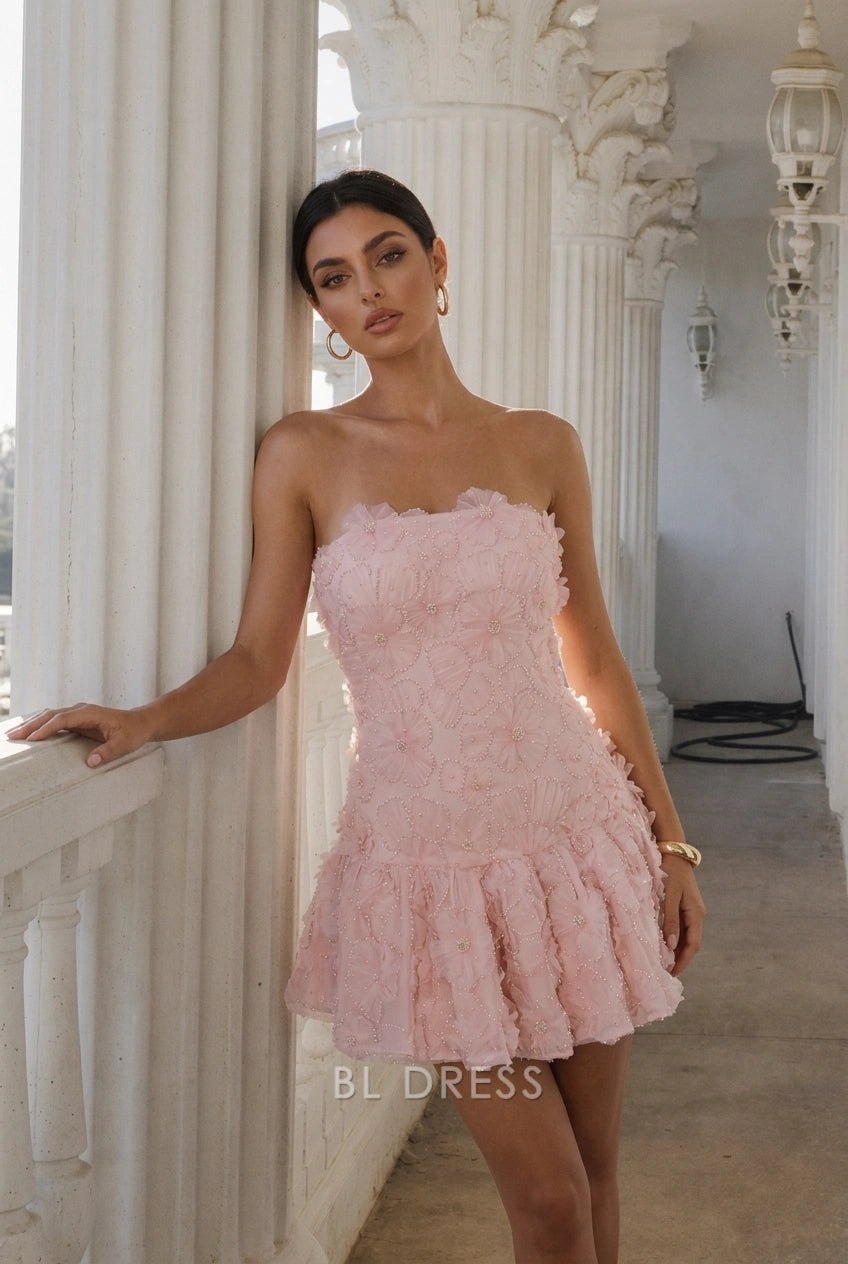 Elegant A-Line Strapless Sleeveless Floral Pink Mini Homecoming Dress Women Party