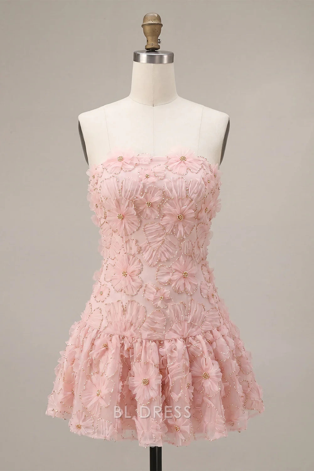 Elegant A-Line Strapless Sleeveless Floral Pink Mini Homecoming Dress Women Party