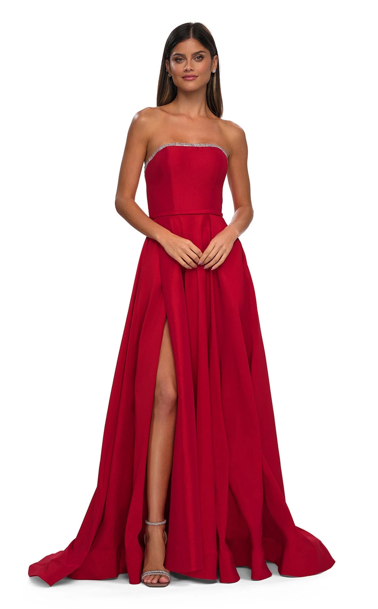 Elegant A-Line Strapless Sleeveless High-Slit Vibrant Red Floor-Length Prom Dress for Women