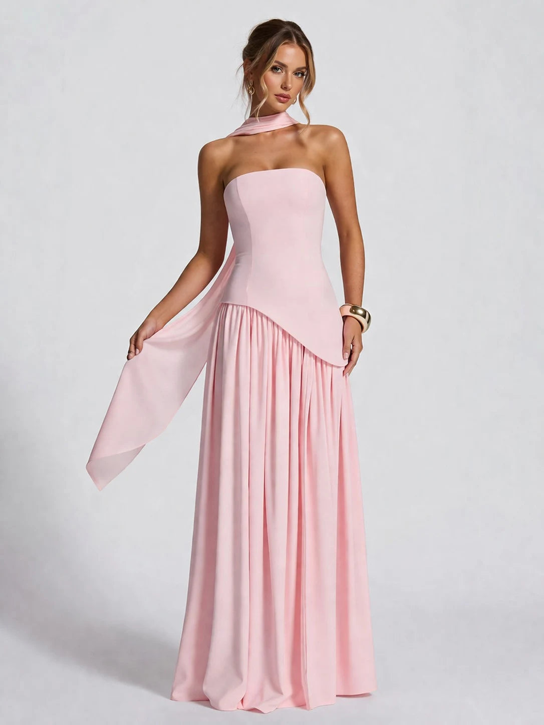 Elegant A-Line Strapless Sleeveless High Slit Blush Pink Floor-Length Prom Gown