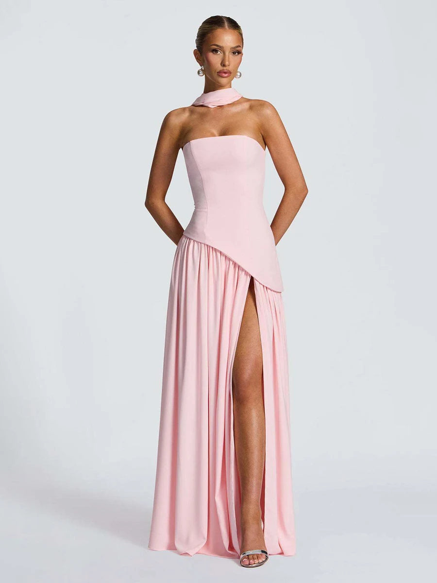Elegant A-Line Strapless Sleeveless High Slit Blush Pink Floor-Length Prom Gown