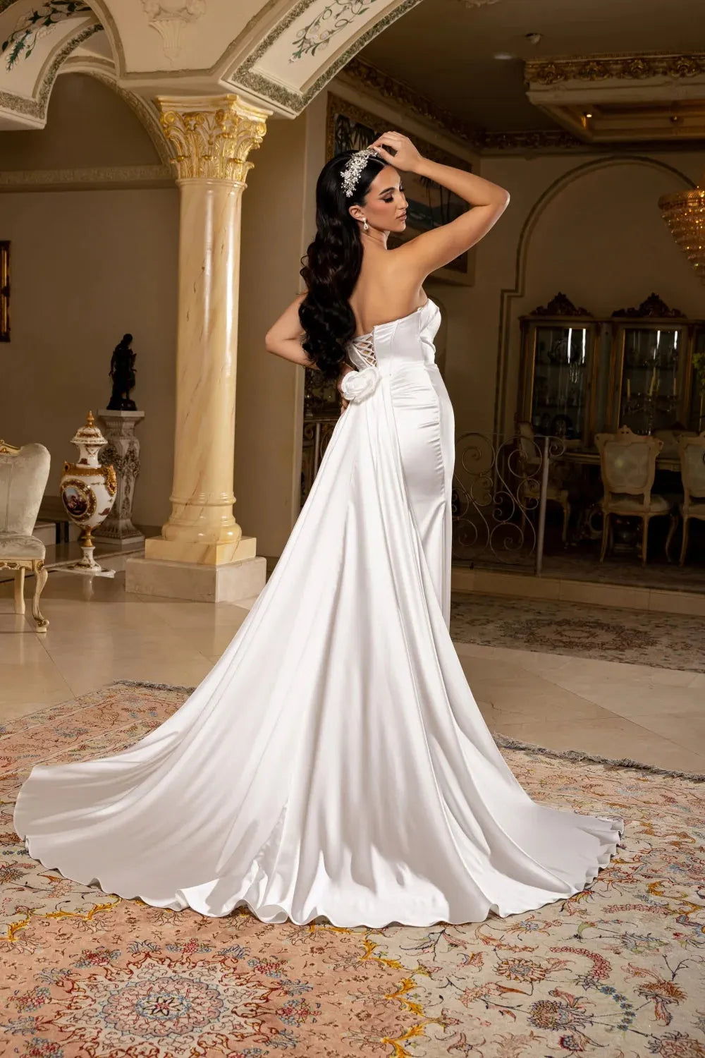 Elegant A-Line Strapless Sleeveless High Slit Ruched White Floor-Length Prom Dress