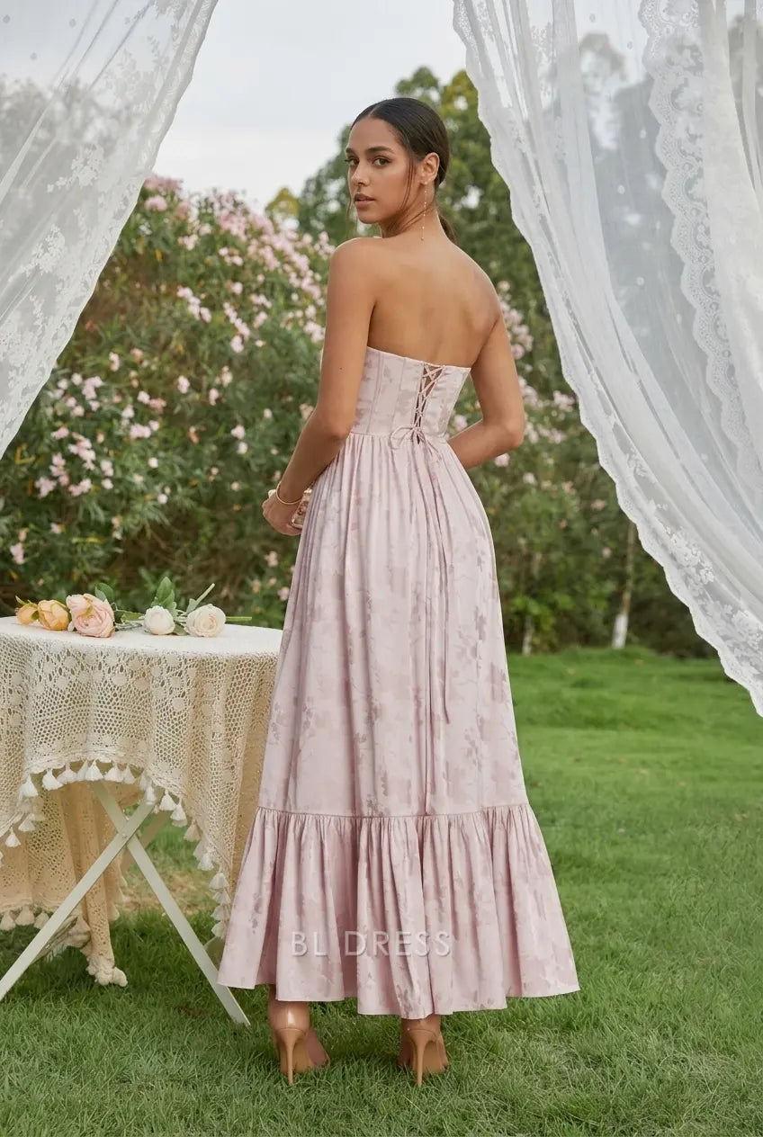 Elegant A-Line Strapless Sleeveless High Slit Ruffled Light Pink Maxi Prom Dress
