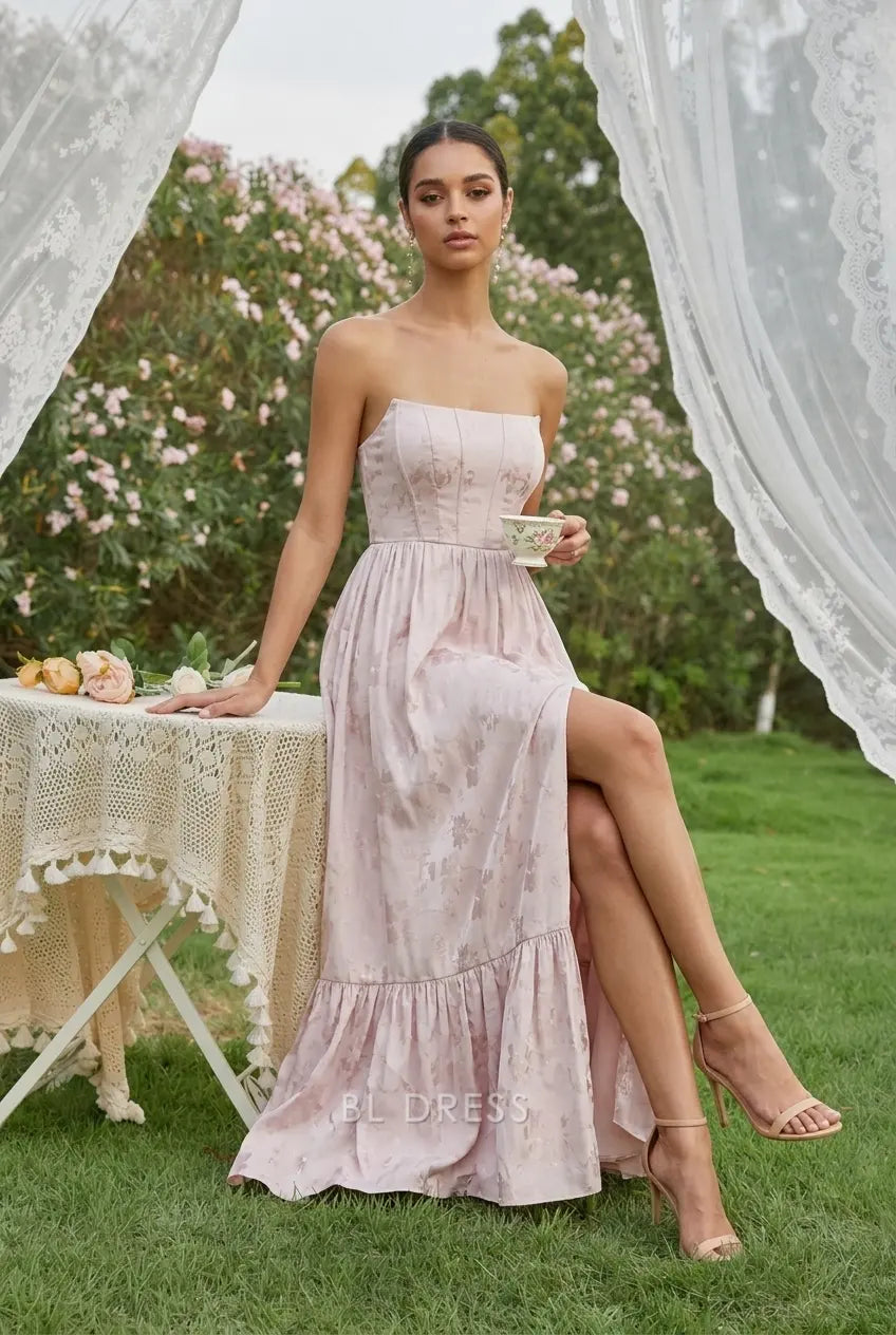 Elegant A-Line Strapless Sleeveless High Slit Ruffled Light Pink Maxi Prom Dress