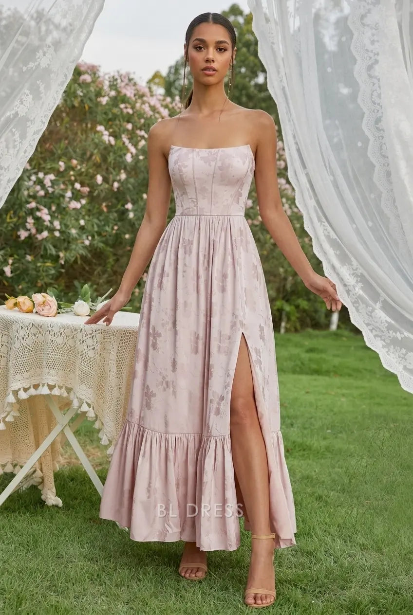 Elegant A-Line Strapless Sleeveless High Slit Ruffled Light Pink Maxi Prom Dress