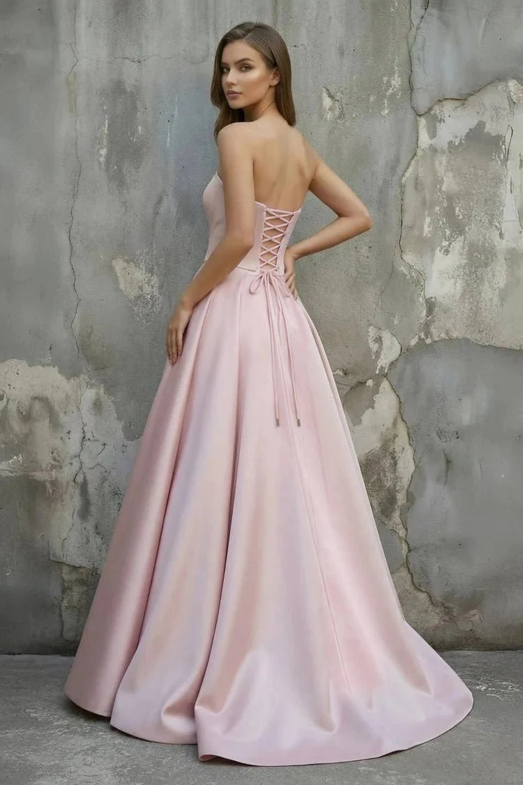 Elegant A-Line Strapless Sleeveless Pearl-Trimmed Draped Pink Long Prom Dresses Women