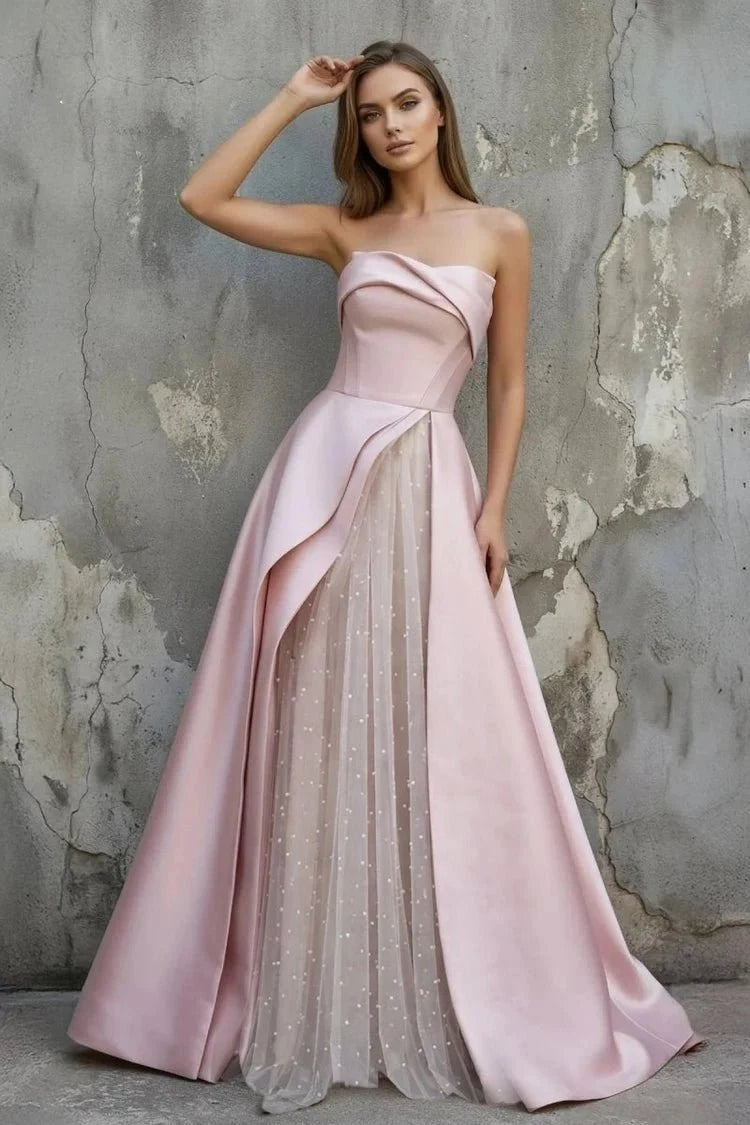 Elegant A-Line Strapless Sleeveless Pearl-Trimmed Draped Pink Long Prom Dresses Women