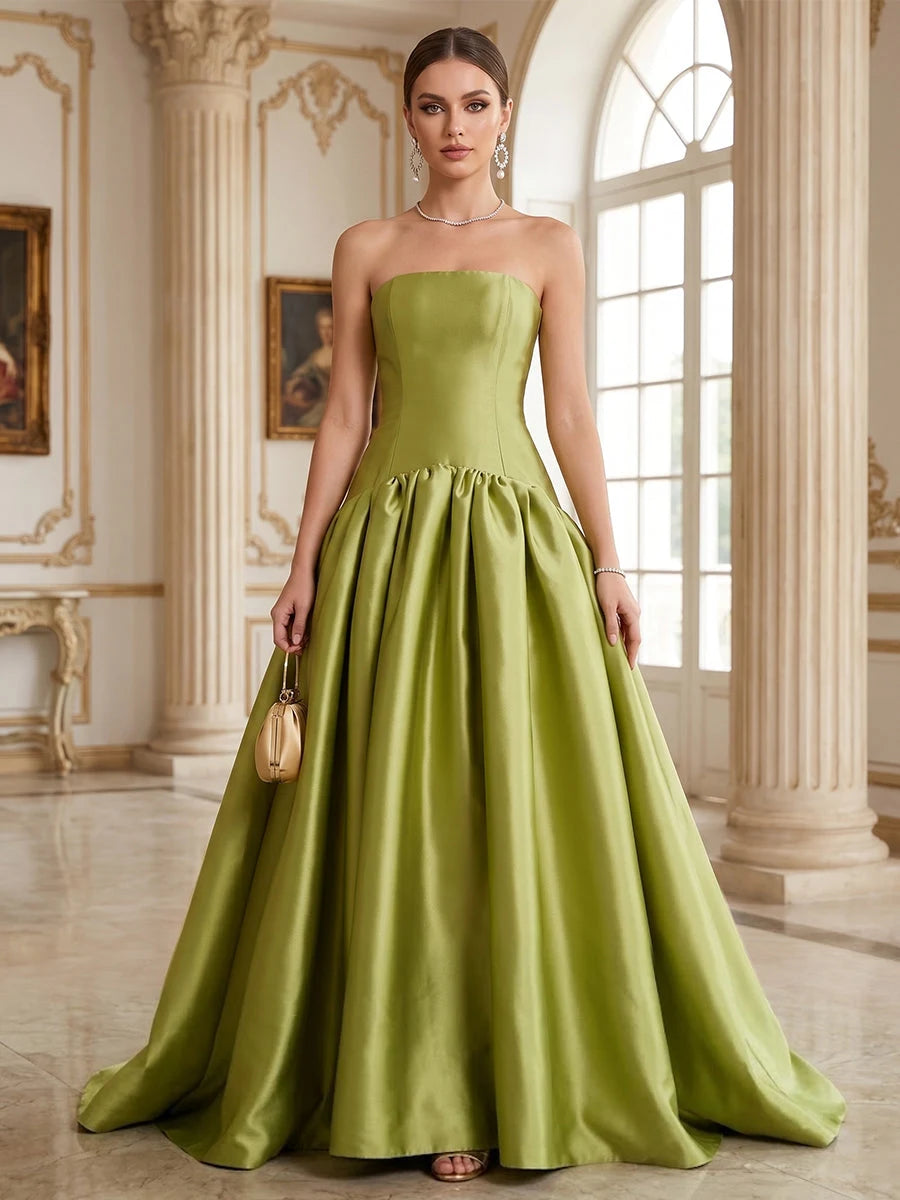 Elegant A-Line Strapless Sleeveless Pleated Floor-Length Lime Green Prom Gown
