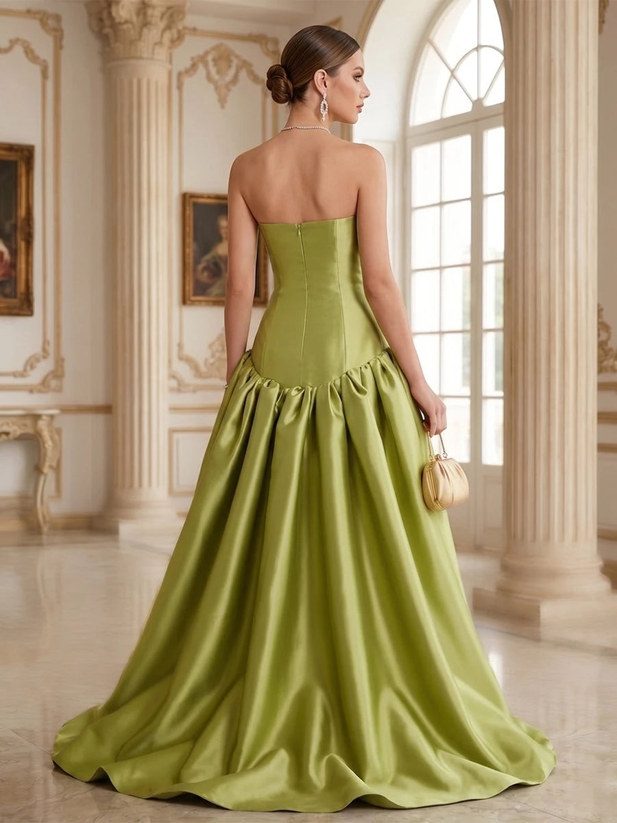 Elegant A-Line Strapless Sleeveless Pleated Floor-Length Lime Green Prom Gown