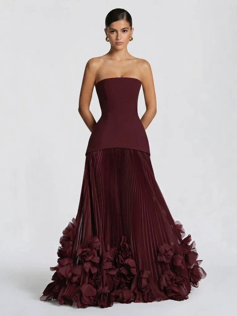 Elegant A-Line Strapless Sleeveless Pleated Floral Burgundy Floor-Length Prom Dress for Women