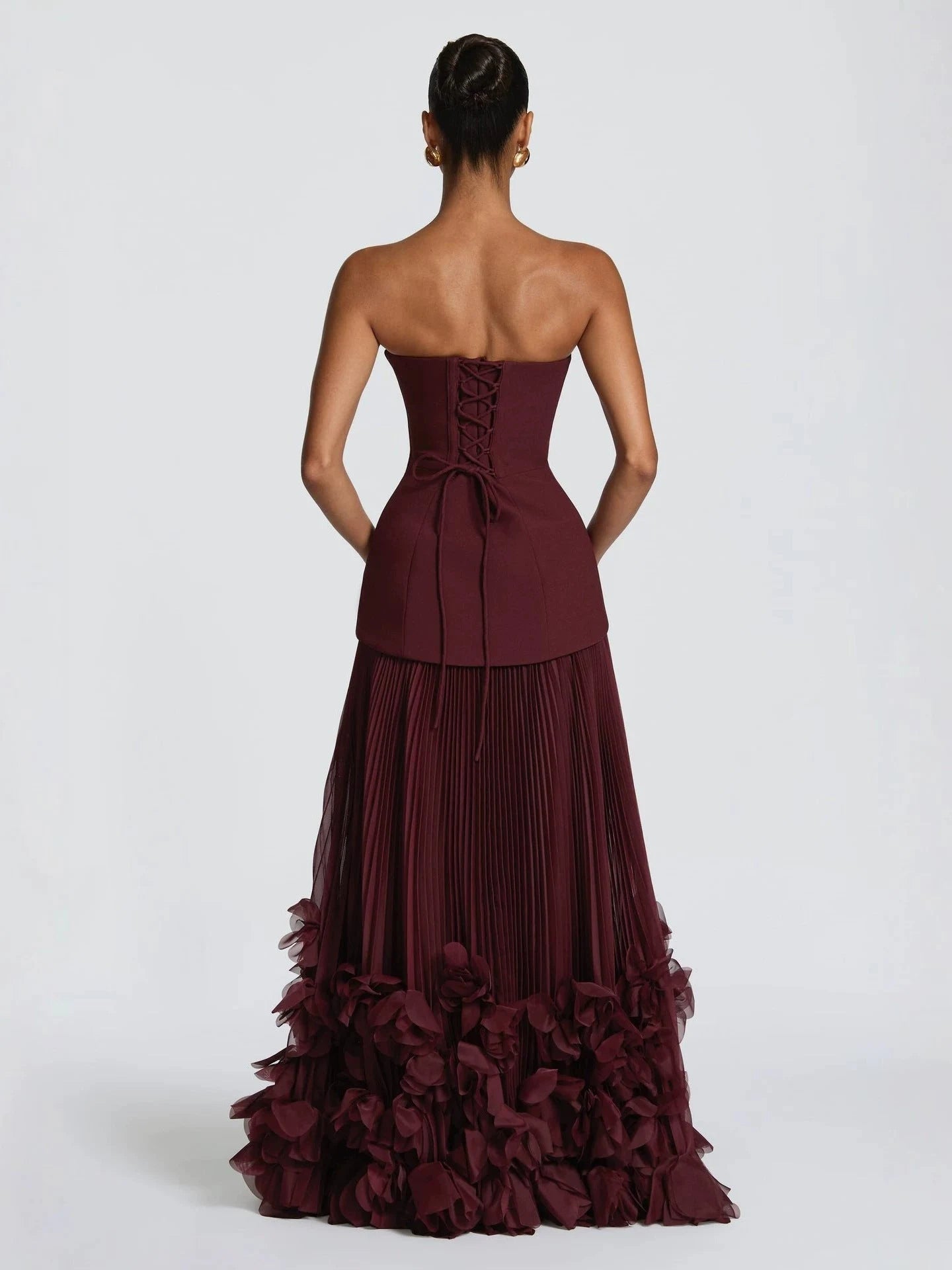 Elegant A-Line Strapless Sleeveless Pleated Floral Burgundy Floor-Length Prom Dress for Women