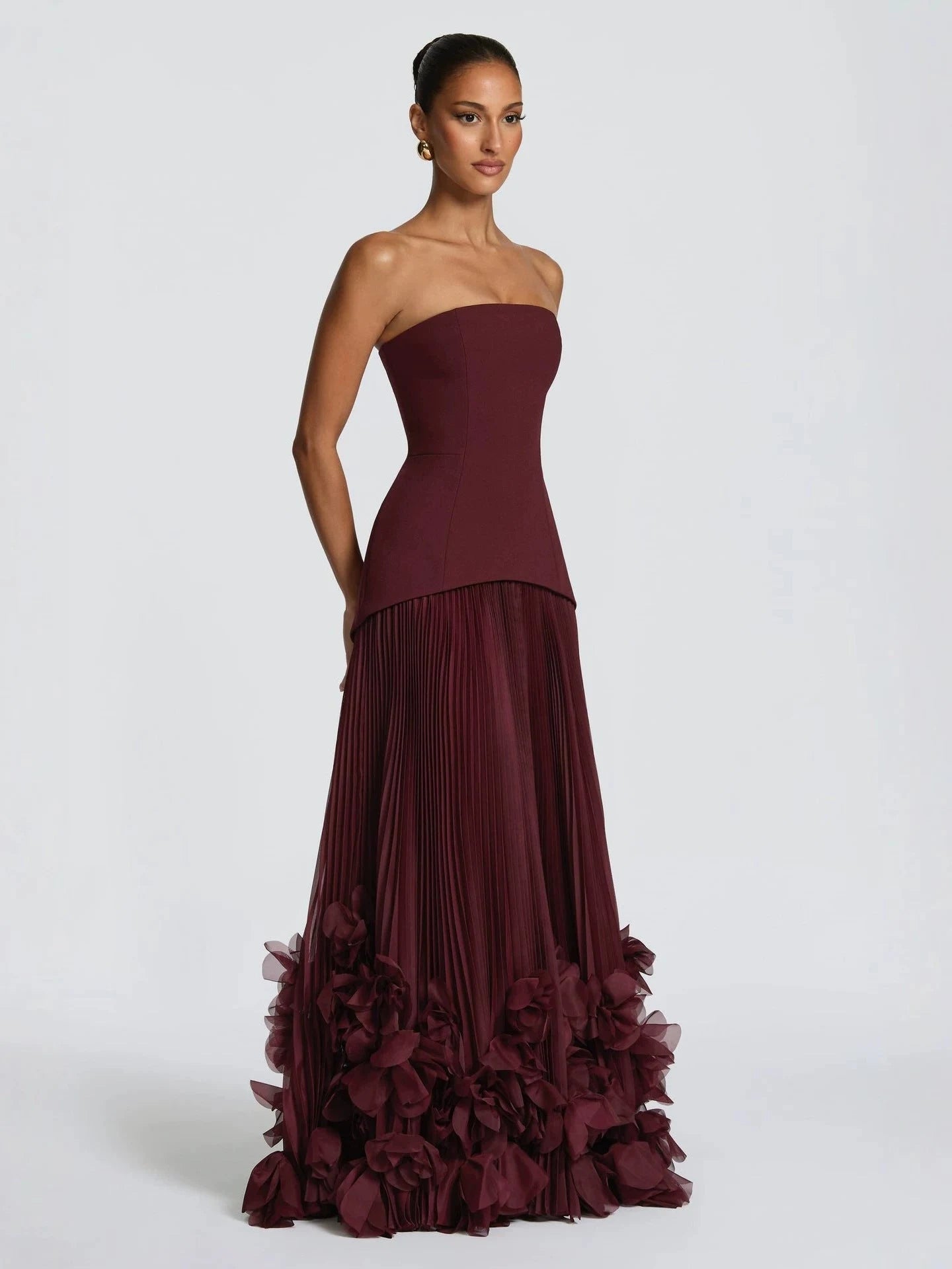 Elegant A-Line Strapless Sleeveless Pleated Floral Burgundy Floor-Length Prom Dress for Women